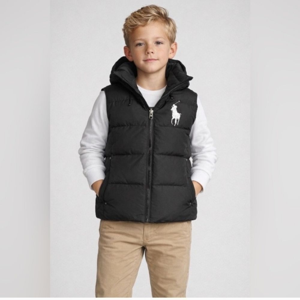Polo Ralph Lauren Black Down Hooded Puffer Vest Big Kids Size Small